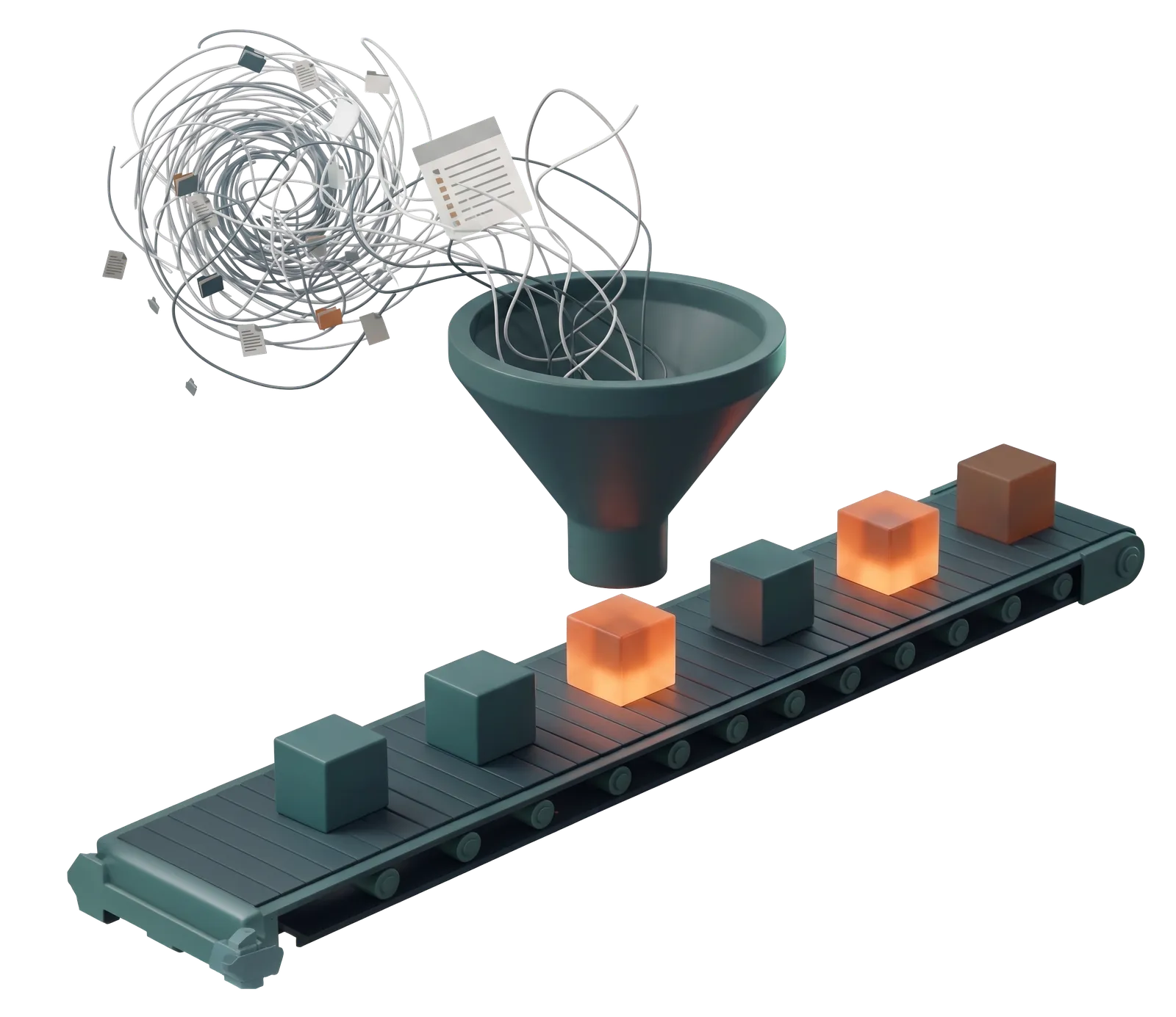 A tangle of wires and paperwork funnelled into an orderly production line