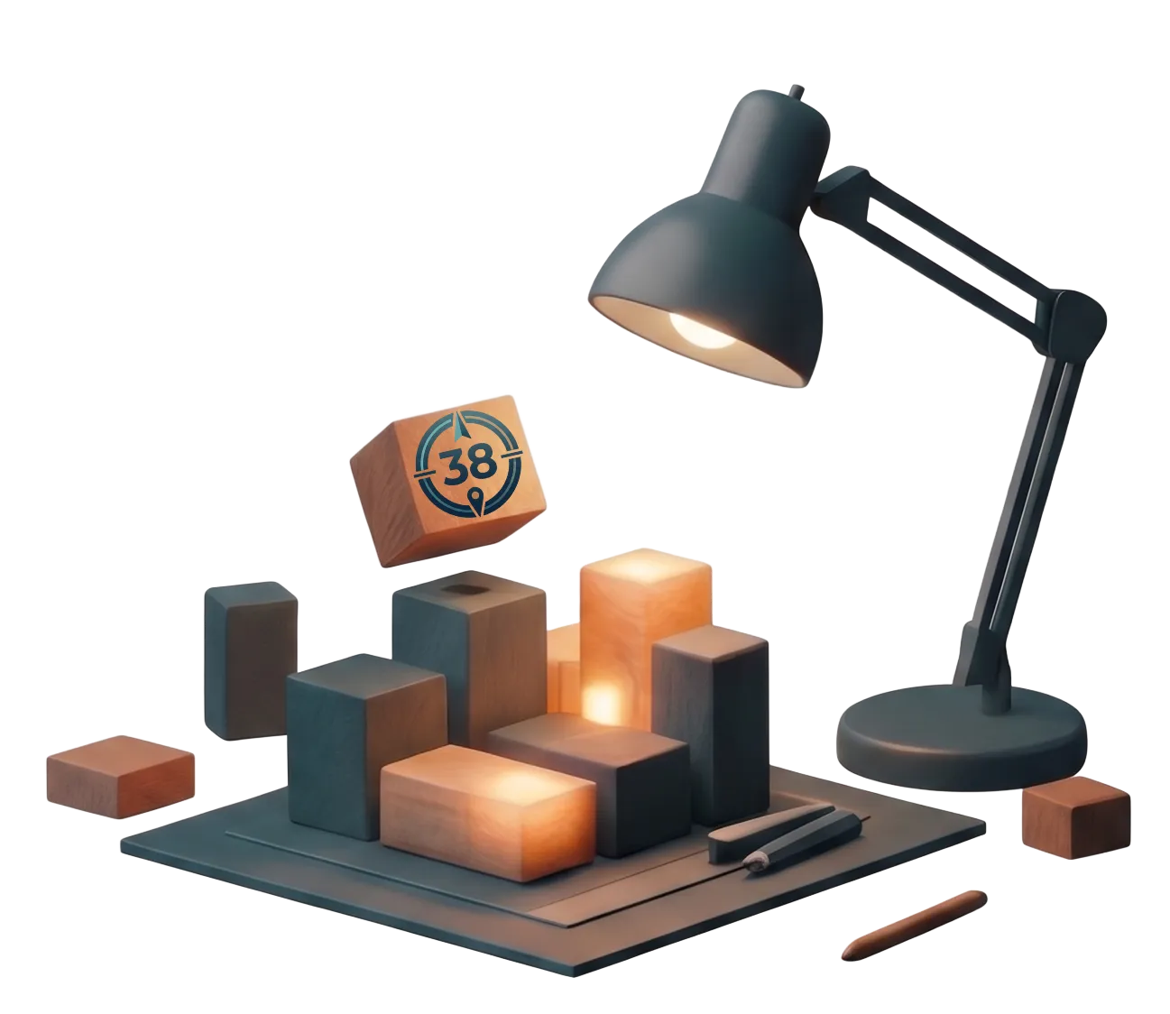 A desk lamp lighting a set of building blocks assembled on a board