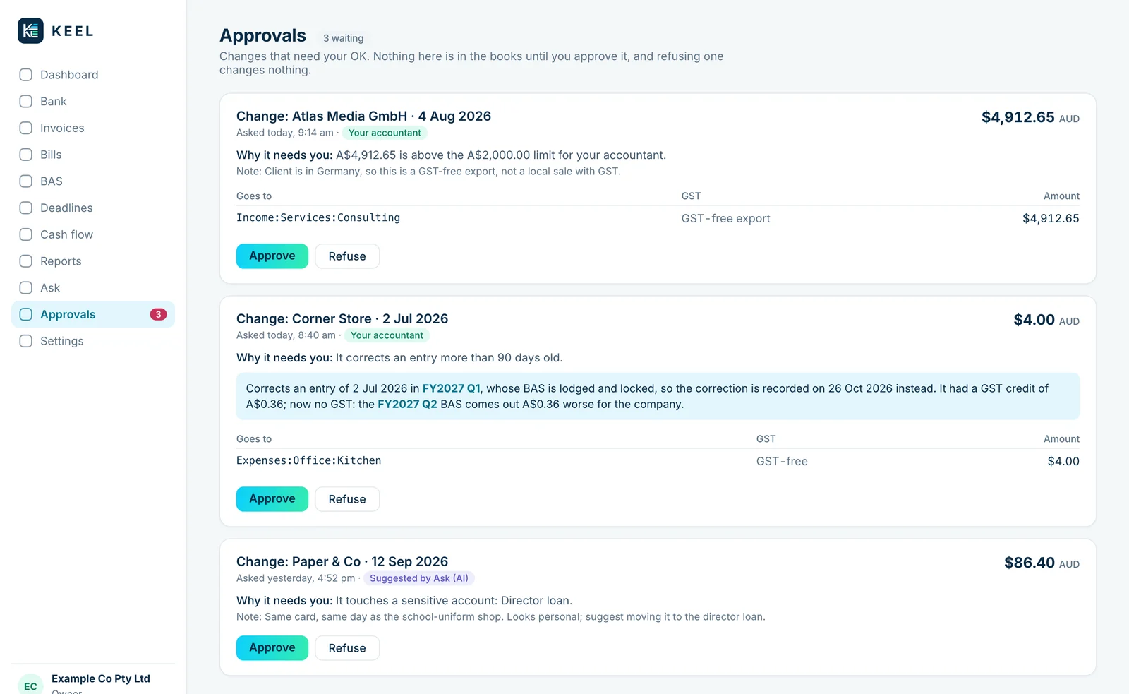 The Approvals list: a large change from the accountant, a correction to a sealed quarter with its BAS note, and a suggestion from the AI
