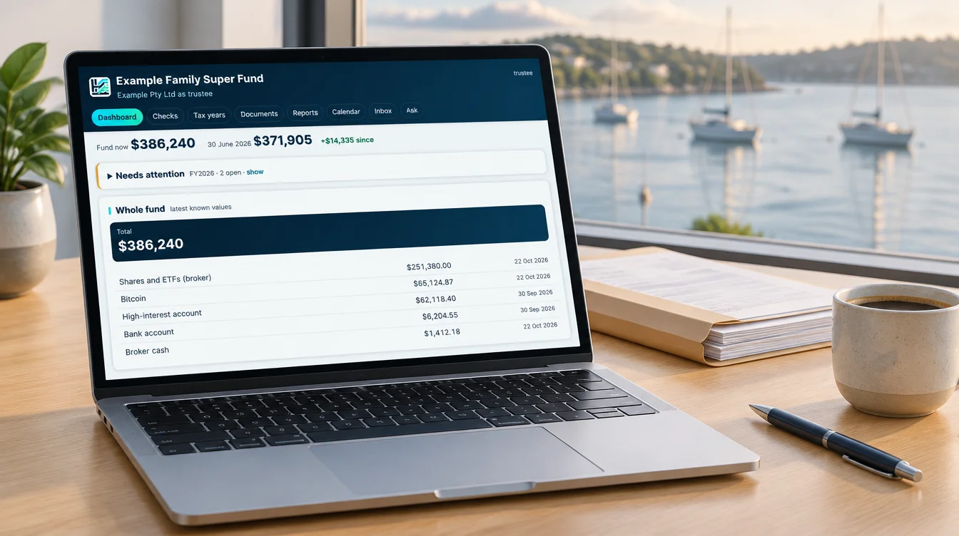 A laptop on a timber desk by a window over a calm harbour, showing the Harbour dashboard for a sample super fund
