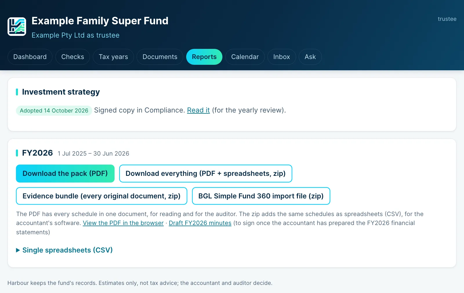 The Reports page for a sample fund: the investment strategy marked as adopted, and the year's pack, evidence bundle and BGL import file ready to download